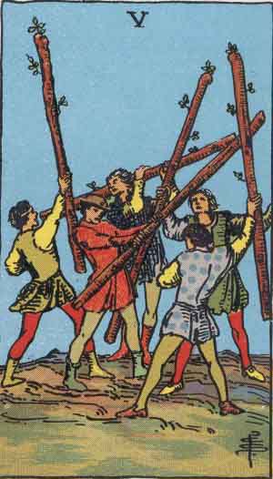 Cinq de Bâtons — Rider-Waite tarot card