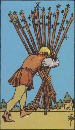 Dix de Bâtons — Rider-Waite tarot card