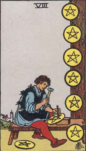 Huit de Deniers — Rider-Waite tarot card