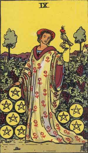 Nueve de Oros — Rider-Waite tarot card