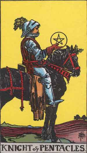 Cavalier de Deniers — Rider-Waite tarot card